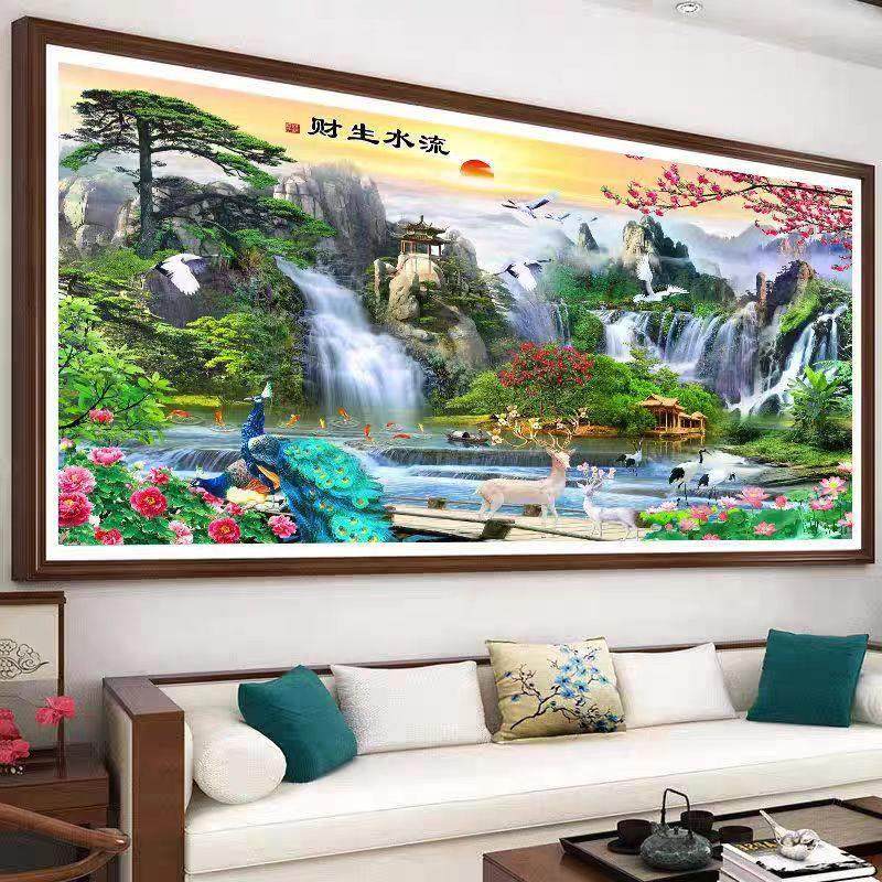 纯手工十字绣成品流水生财聚宝盆迎客松孔雀新款客厅风景招财挂画,居家布艺,十字绣成品,淘宝优惠券,粉丝福利购,淘宝优惠卷