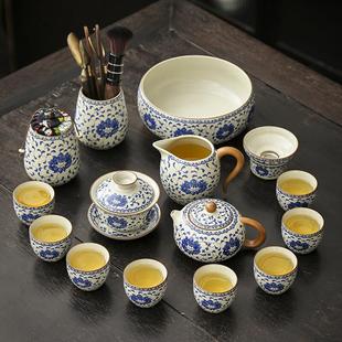 家用轻奢高档中式 青花缠枝莲米黄汝窑功夫茶具套装 陶瓷茶壶泡茶器
