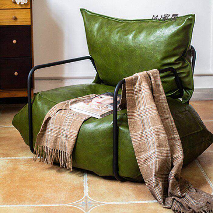 北欧懒人沙发椅单人沙发椅皮质榻榻米客厅小躺椅工业风铁艺皮沙发