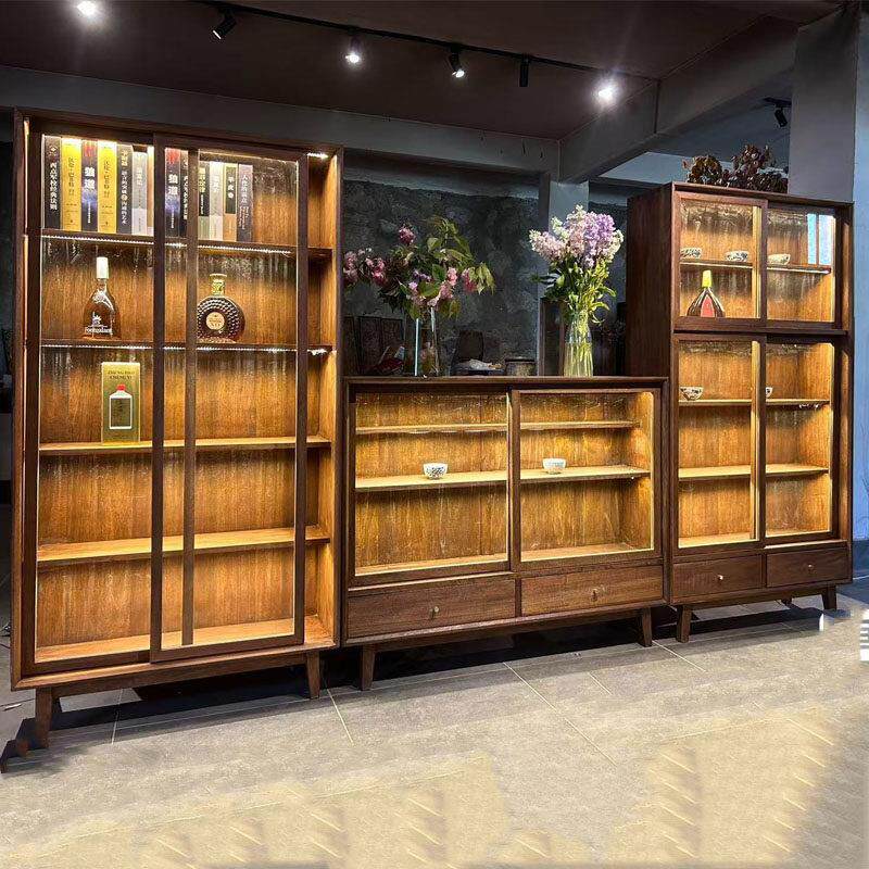 诧寂风新中式榆木博古架实木茶室茶具展示柜茶杯柜茶具收纳柜定制