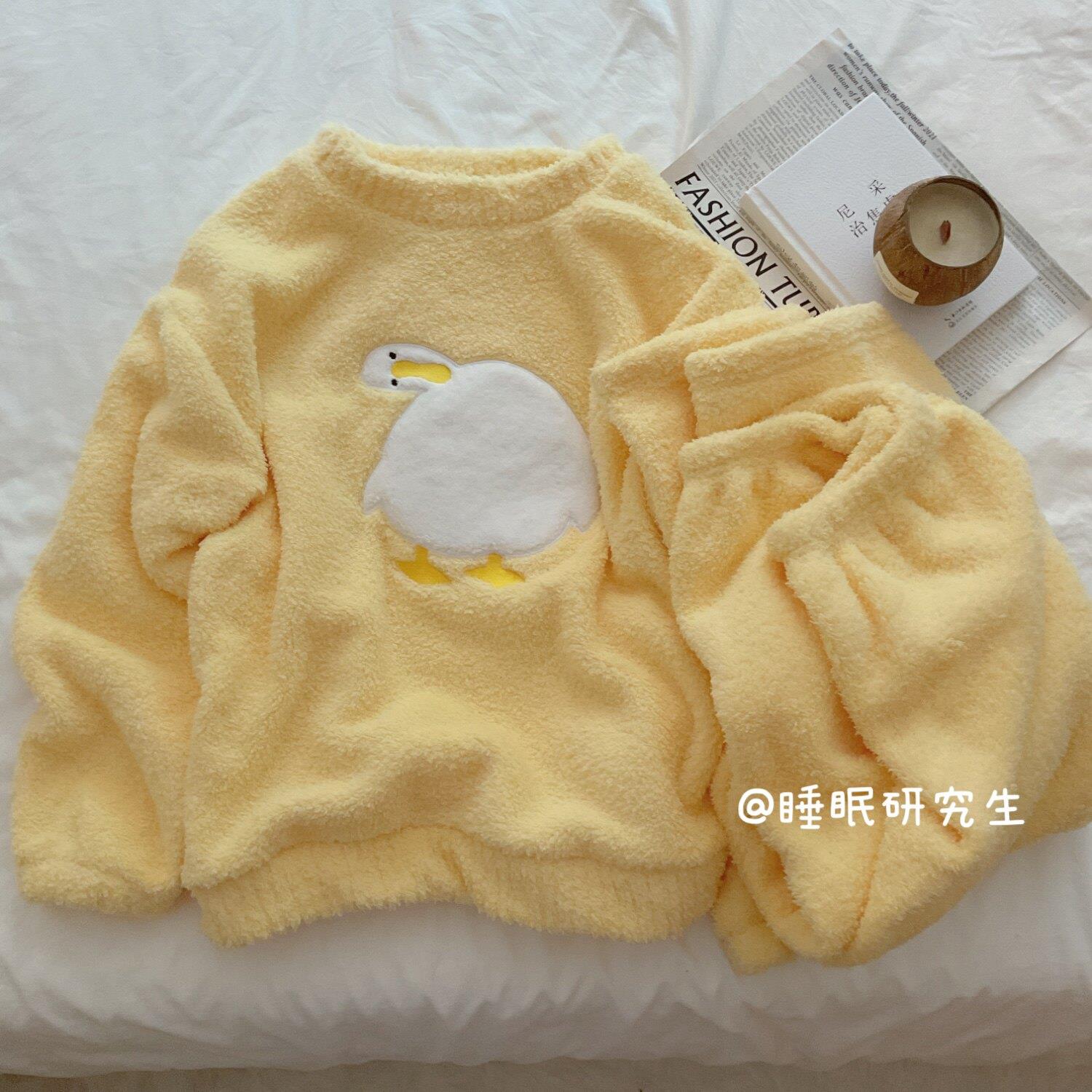 【奶酪月亮】秋冬季珊瑚绒女睡衣两件套歪头鸭摇粒绒家居服套装