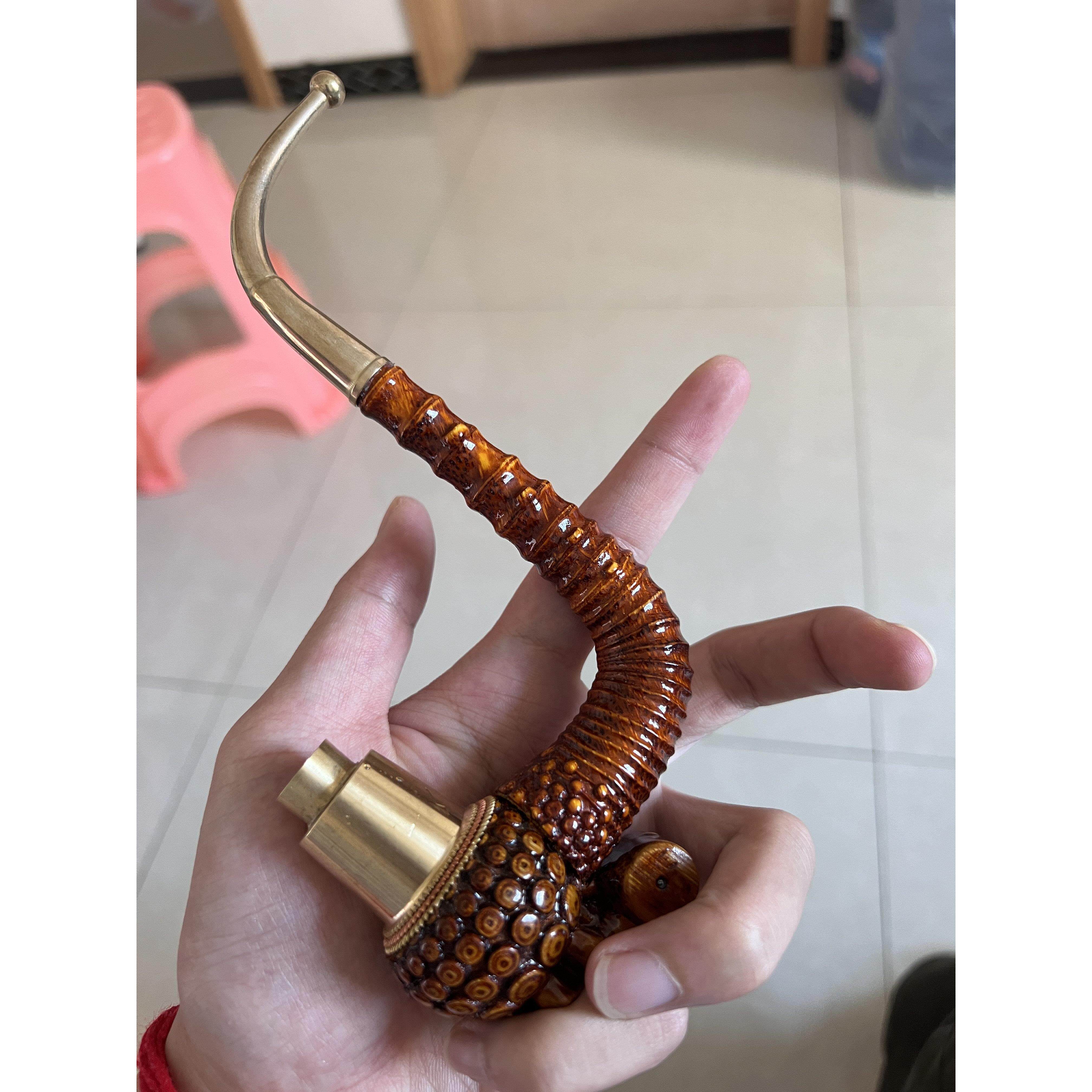 实心竹子手工雕刻一弯包铜烟杆烟斗三用火口好看漂亮竹子雕刻