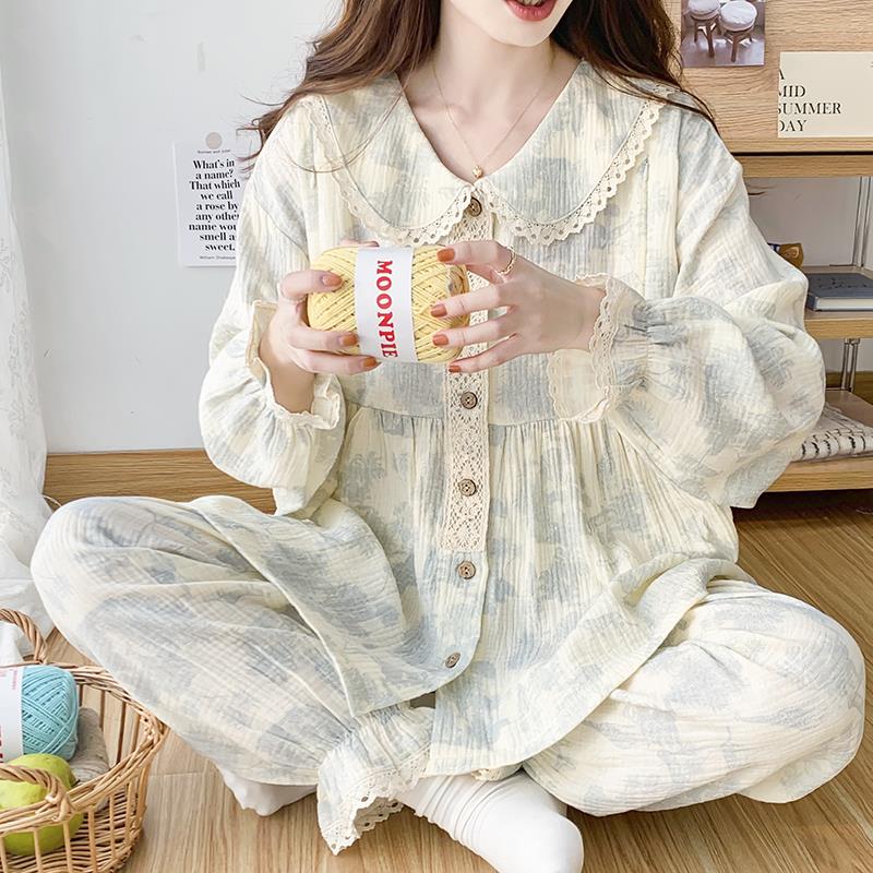 纯棉纱布孕妇睡衣夏季薄款产后哺乳两件套月子服春秋产妇哺乳家居