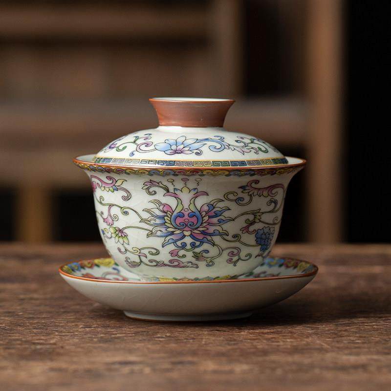 汝窑珐琅彩缠枝莲悬停旋转三才盖碗茶杯单个高档泡茶碗不烫手茶具,餐饮具,盖碗,淘宝优惠券,粉丝福利购,淘宝优惠卷