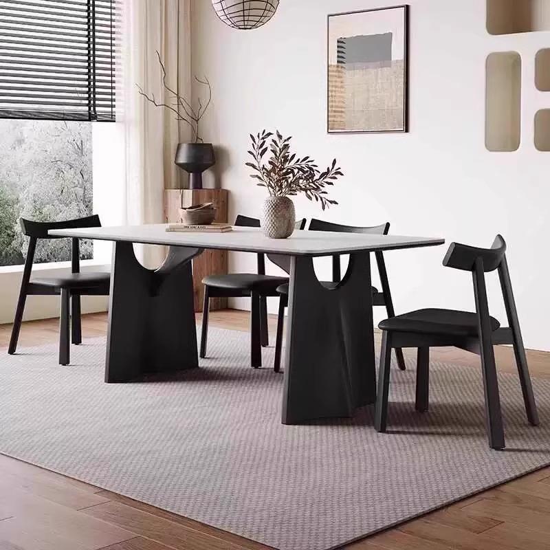 法式复古风黑色实木桌腿岩板餐桌小户型家用长方形现代简约餐桌椅