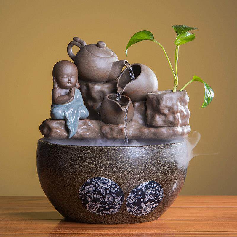 陶瓷流水喷泉摆件雾化加湿器水景茶室招财鱼缸中式桌面客厅装饰