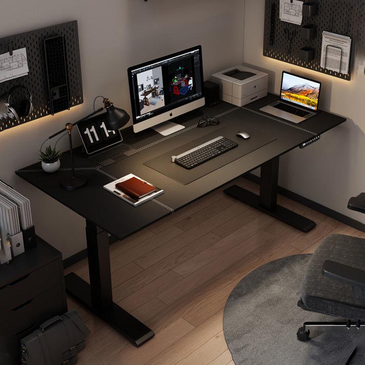 网红电动升降桌电竞桌马鞍皮电脑桌工作台站立式办公家用学习书桌