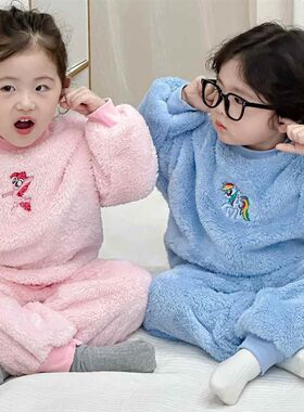 儿童法兰绒睡衣秋冬男童t圆领套头绒珊瑚套装女宝宝恒温保暖家