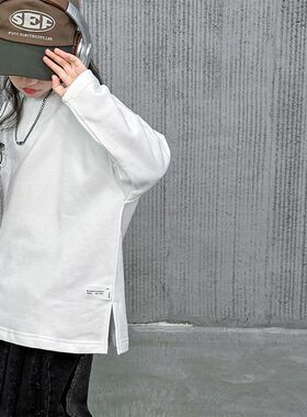 女童白色打底f衫秋冬内搭长袖T恤卫衣叠穿中长款大童薄绒百搭上衣