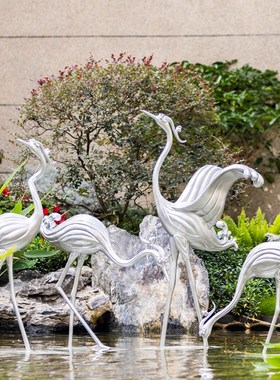 新中式抽象仙鹤玻璃钢雕塑售楼部酒店别墅水池假山景观Z装饰大摆