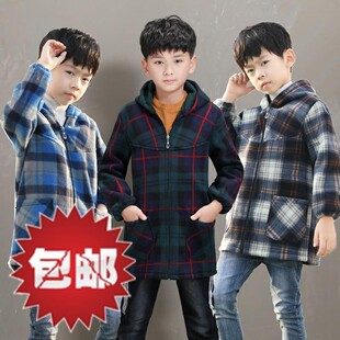 冬季男童长d袖加厚羽绒服棉袄外套带帽子格子罩衣儿童防污保暖护