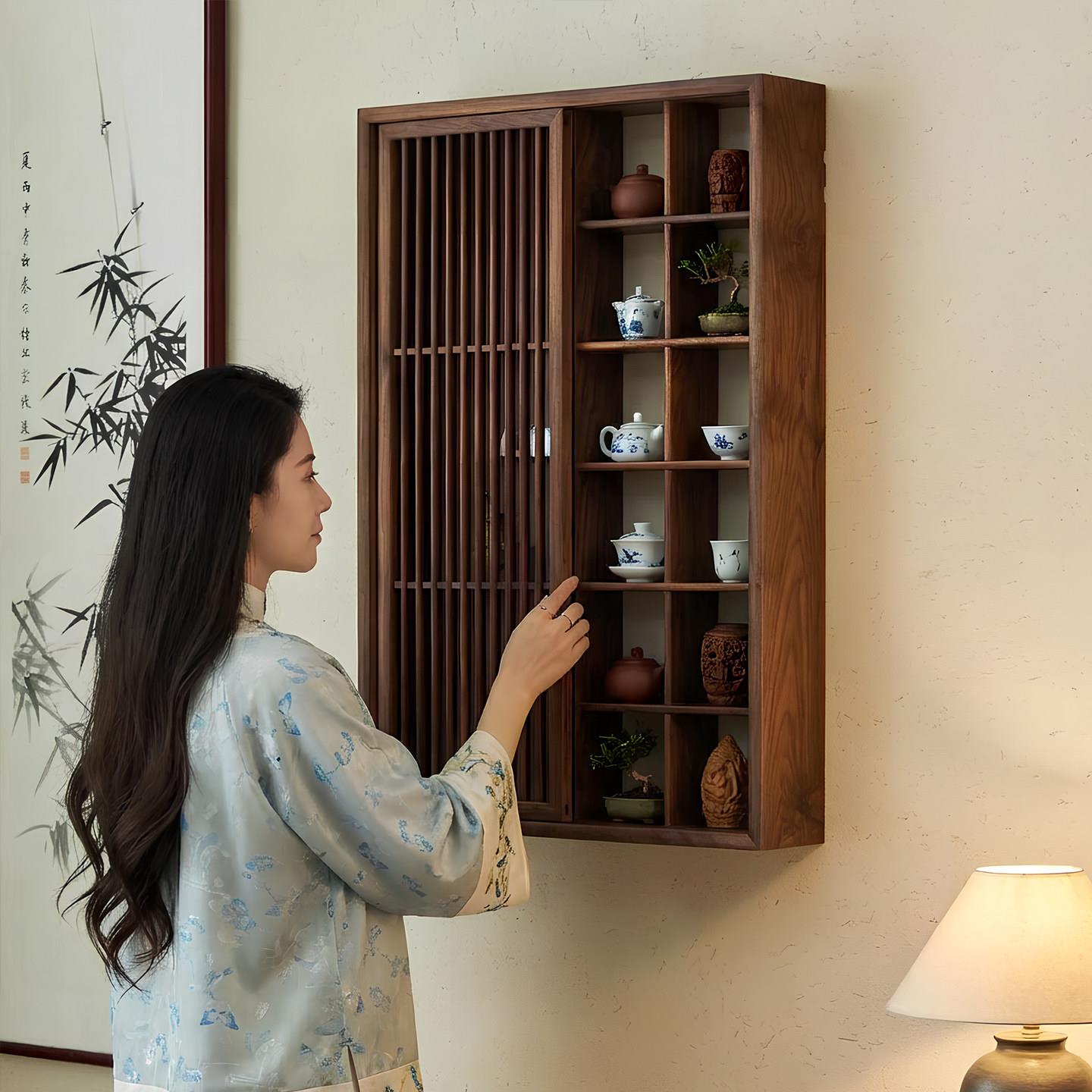 宋式美学北美黑胡桃实木壁挂博古架多宝阁茶具收纳展示置物柜壁柜