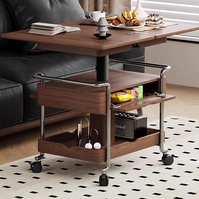 实木中古小推车家用客厅移动折叠古风小户型带轮推桌升降茶几沙发