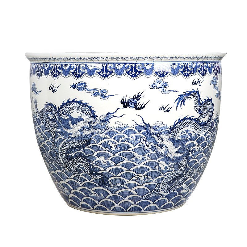 景德镇陶瓷鱼缸青花瓷手绘九龙大缸户外睡莲阳台养鱼水缸庭院老缸
