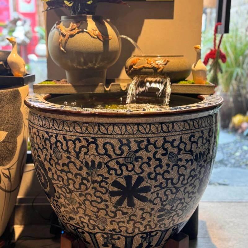 陶瓷养鱼缸家用缸客厅盆摆件特大号荷花鱼缸睡莲盆瀑布流水整套