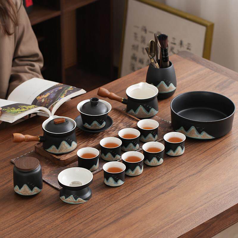 陶瓷文创中国风千里江山黑陶功夫茶具套装泡茶壶盖碗茶杯家用整套