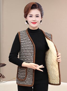 中老年妈妈秋冬装短款马甲背心大码奶奶加绒保暖格子棉衣马夹外套