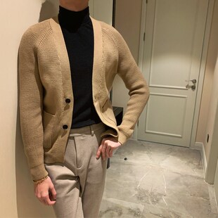 韩国韩版保暖纯色针织外套男日系高定V领毛衣英伦绅士百搭开衫潮