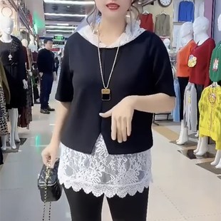 洋气显瘦胖mm休闲百搭蕾丝拼接连帽短袖 大码 时尚 2025春夏新款 女装