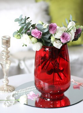 中式简约大红色玻璃花瓶新年喜庆银柳插花结婚乔迁婚房装饰大肚瓶
