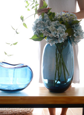 北欧大号蓝色花器 样板房装饰玄关摆件 艺术现代简约玻璃插花花瓶