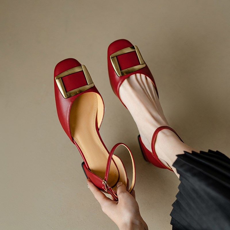 原野低跟方扣中空粗跟一字带真皮温柔凉鞋子女单鞋2025年夏季新款,女鞋,时装凉鞋,淘宝优惠券,粉丝福利购,淘宝优惠卷