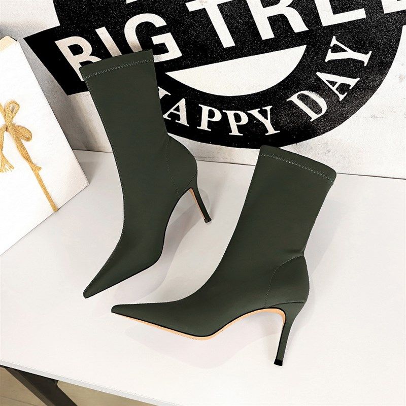尖头高跟鞋弹力靴小个子靴子女显高细跟复古大码41一43短靴瘦瘦靴,女鞋,弹力靴/袜靴,淘宝优惠券,粉丝福利购,淘宝优惠卷