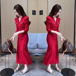 鱼尾裙 裙秋冬赫本风超仙收腰蕾丝衫 欧货网红高档新款 气质时髦套装