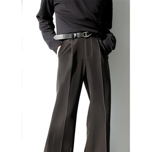 【送腰带】线迹西裤男九分直筒裤子高级垂感黑色春秋季微喇西装裤