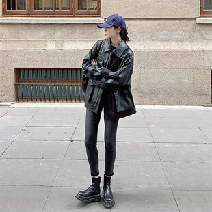 皮衣外套女2024年新款 机车服宽松黑色pu皮夹克上衣 港风复古中长款