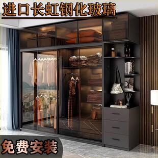 推拉门衣柜家用卧室实木现代简约轻奢意式极简玻璃门滑门移门柜子