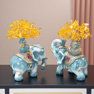 大象摆件一对招财纳福客厅玄关电视柜装饰品 创意水晶树新家摆设