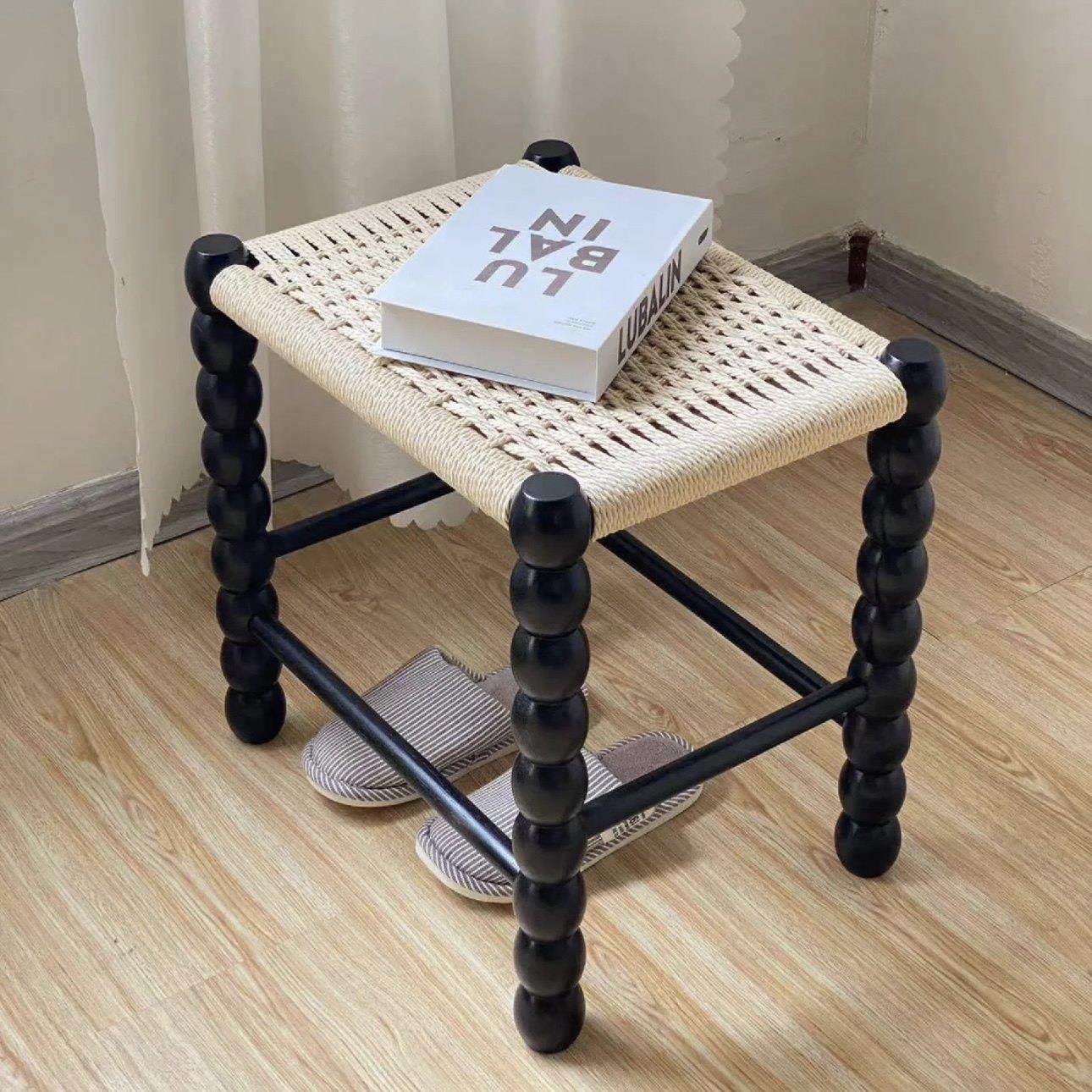 中古实木藤编小凳子家用客厅茶几矮凳网红ins风创意梳妆台换鞋凳