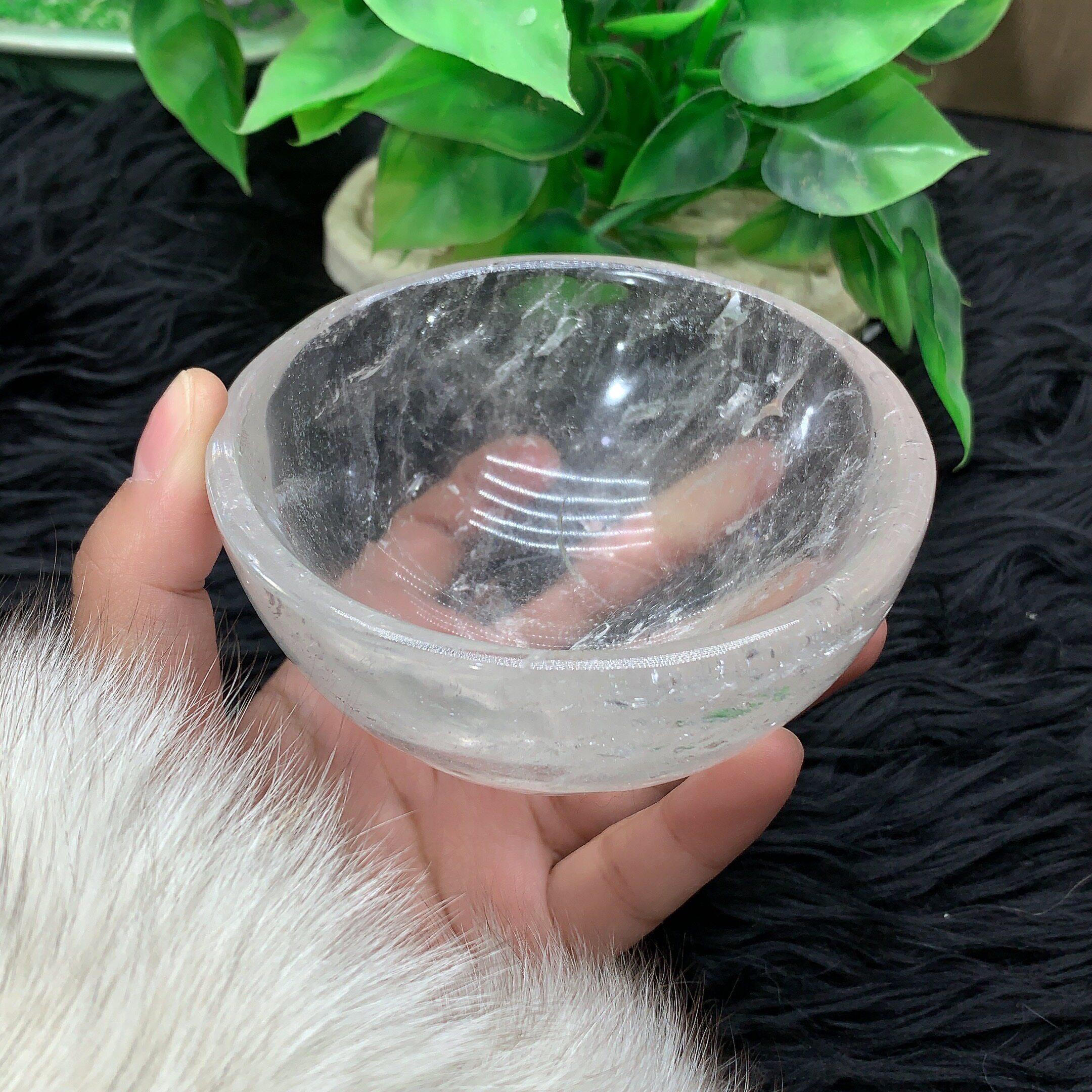 天然白水晶碗摆件胶花水晶碗家居办公桌装饰白水晶聚宝盆消磁碗m