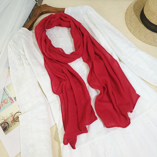 2023新款细长条纯色棉麻围巾女薄款春秋保暖围脖百搭文艺丝巾红色