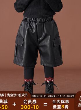 砚台家童装男童假两件靴s裤儿童工装皮裤小童冬裤宝宝加绒裤子黑