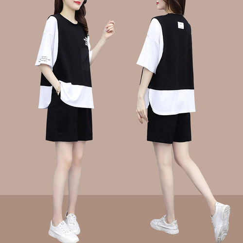 欧货时尚口袋假两件tp恤女上衣套装夏季韩版五分休闲短裤子两件套
