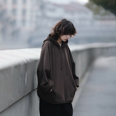 阿于呆春秋日系复古纯色套头连帽卫衣男宽松百搭内搭上衣外套女潮