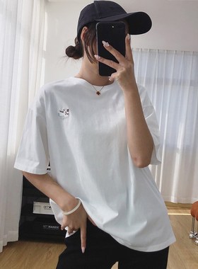 柔软亲肤动物刺绣白色短袖T恤女春季纯棉20N25新款内搭打底衫上衣