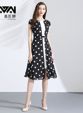 显瘦黑色波点雪纺连衣裙202w1年夏季黑白拼接短袖开叉a字裙中长款