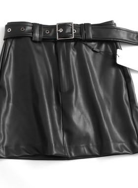 黑色小皮裙配腰带高腰显瘦a字裙辣妹包臀裙女PUO皮短裙半身裙J354