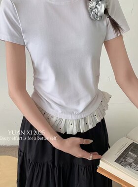 元熙7006小清k新蕾丝花边短袖T恤女夏季新款收腰修身显瘦正肩上衣