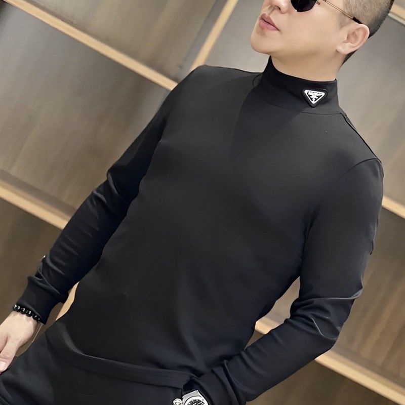 2024秋冬季新款寸领长袖内里抓绒三角标打底衫男T恤欧货男装纯色,男装,T恤,淘宝优惠券,粉丝福利购,淘宝优惠卷