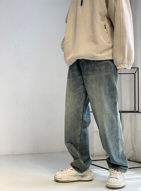 7号仓库昱本蓝色牛仔裤宽松直筒阔脚裤磨白长裤秋季复古怀旧全棉