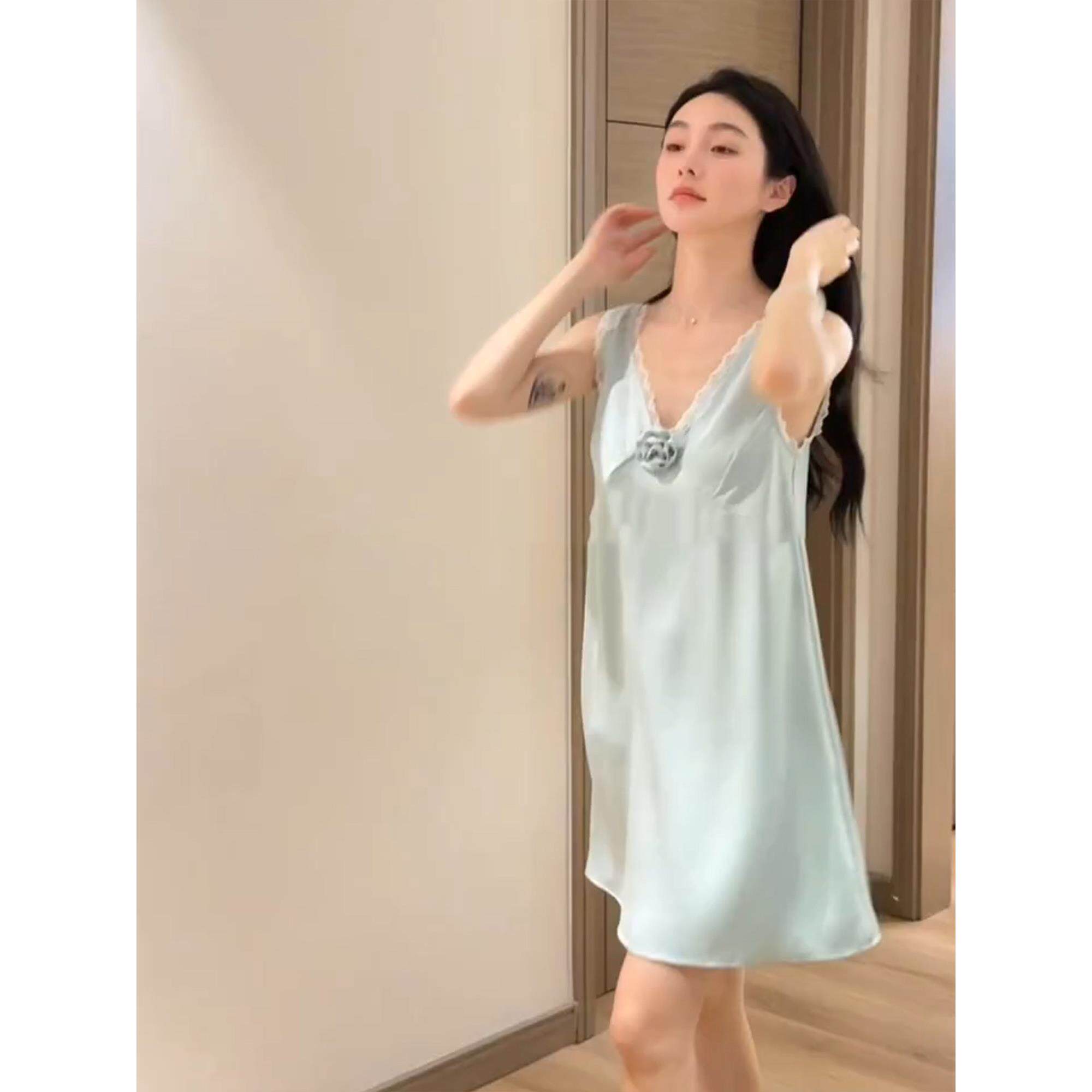 纯欲风立体玫瑰花边无袖睡裙女夏款高级感冰丝绸大码家居服连衣裙