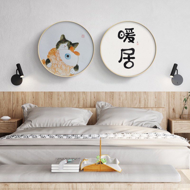 日式原木风客厅装饰画圆形猫咪挂画北欧餐厅O玄关过道走廊晶瓷壁图片