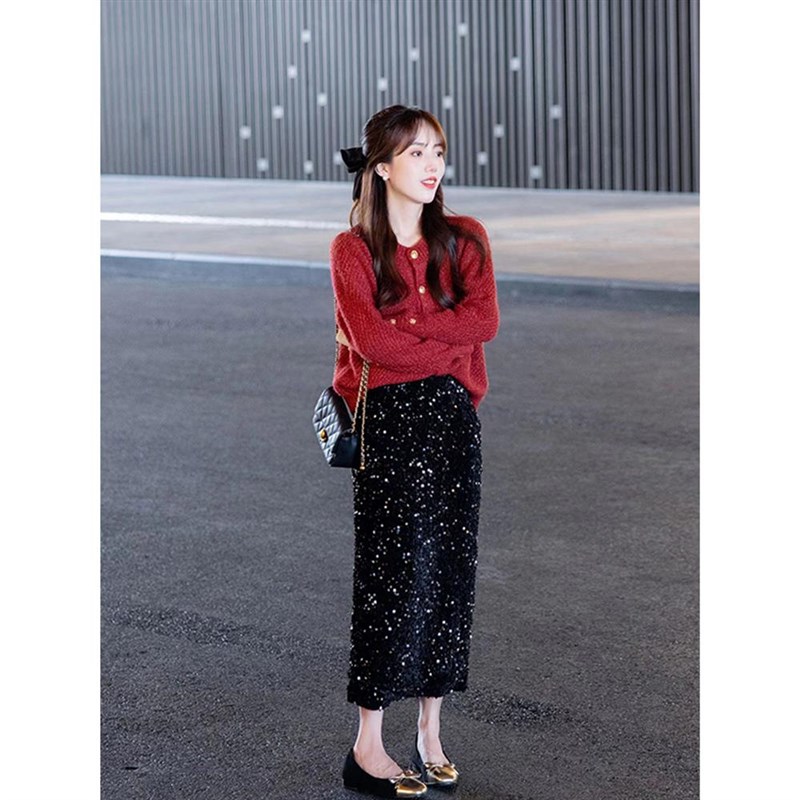 黑色亮片半身裙女小个子春秋冬季珠片丝绒包臀裙亮闪闪高腰a字裙