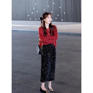 黑色亮片半身裙女小个子春秋冬季 珠片丝绒包臀裙亮闪闪高腰a字裙