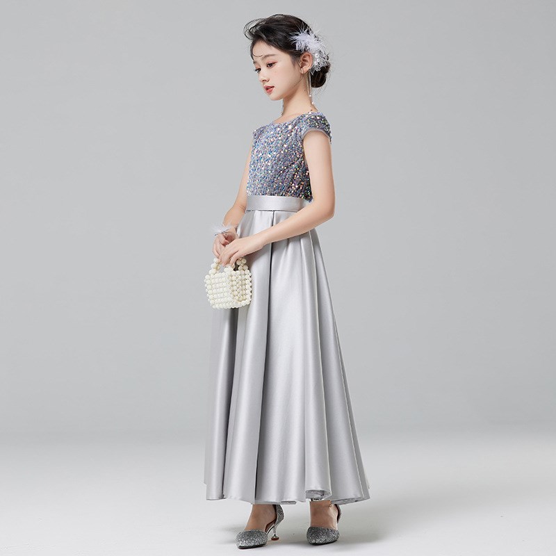 女大童钢琴礼服灰色亮片长款演出服公主裙儿童主持T人走秀表演服