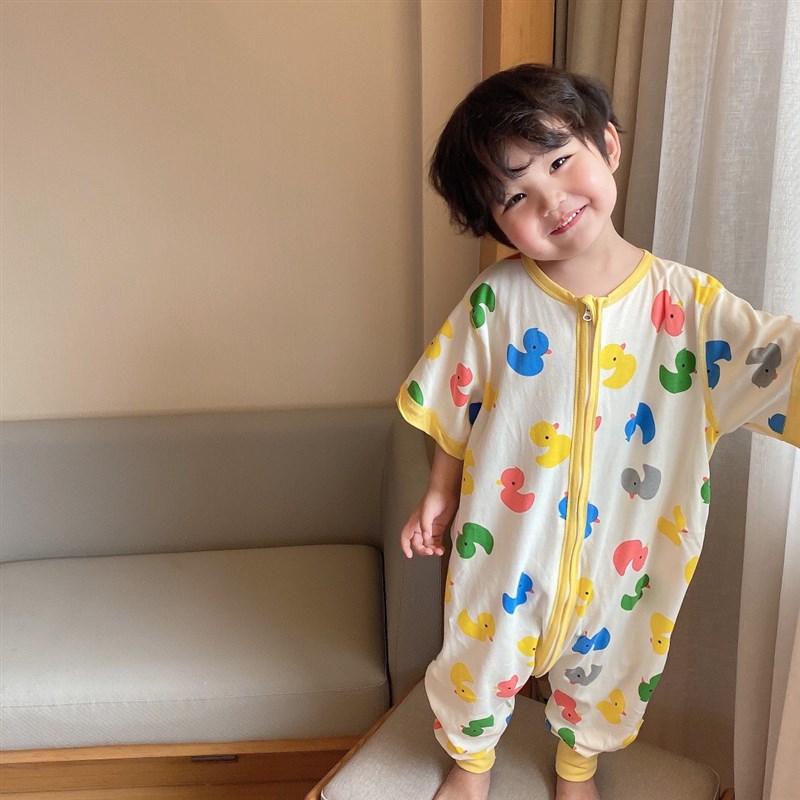 儿童连体睡衣薄款夏季纯棉短袖男女E宝宝防着凉空调房分腿防踢睡